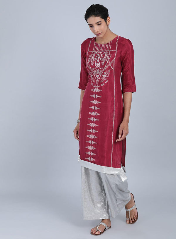 Maroon Round Neck Printed kurta