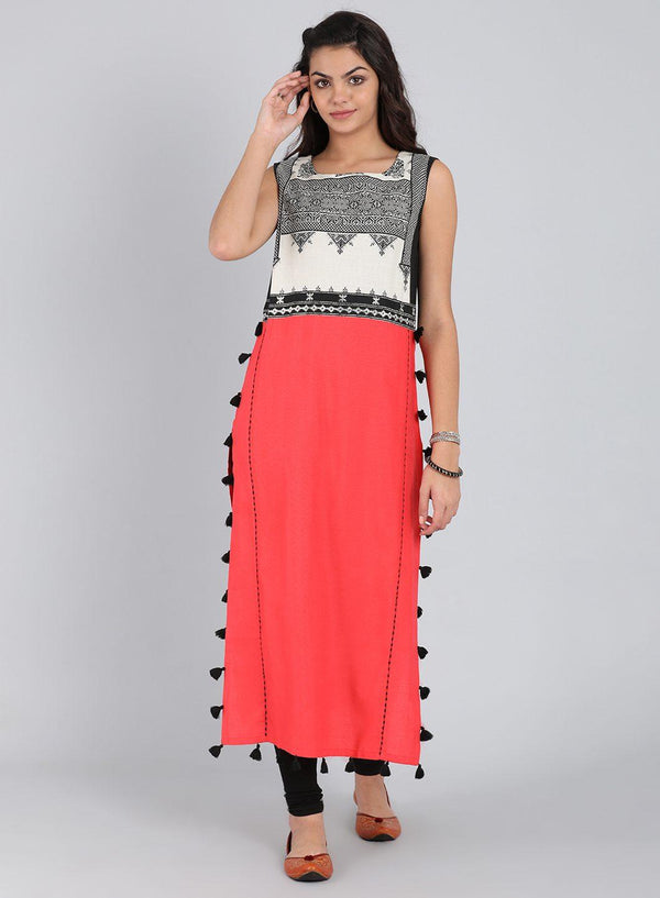 Red Round Neck A-Line kurta