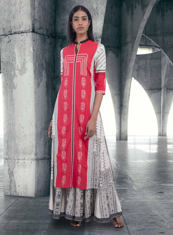 Red Printed Mandarin Neck kurta
