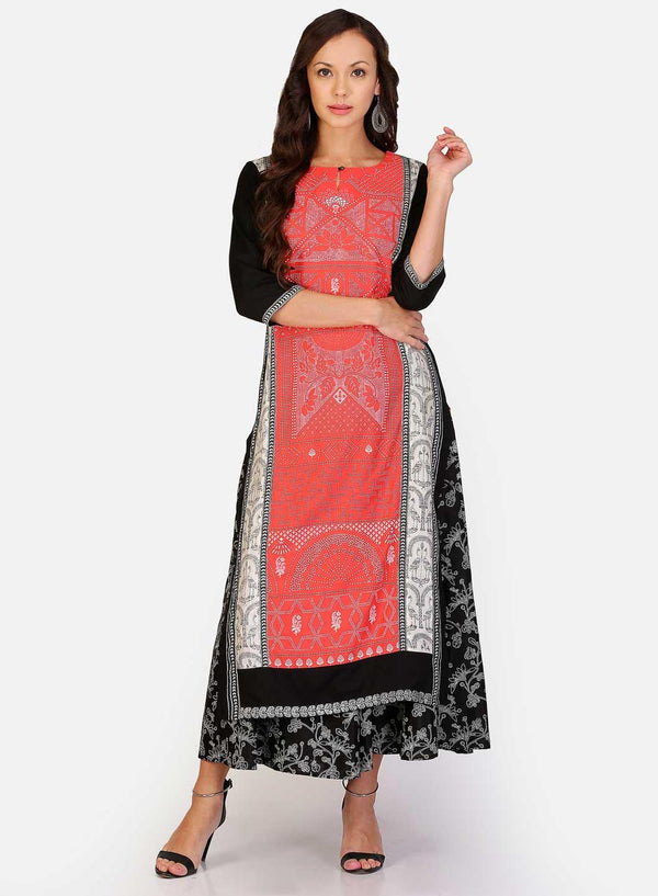 Red Printed Mandarin Neck kurta