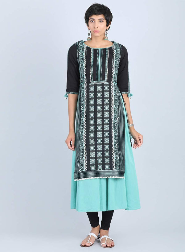 Black Round Neck Gathered kurta