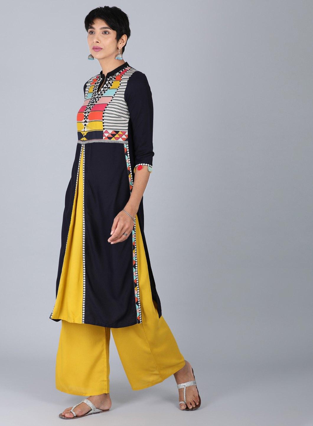 Black Mandarin Neck Solid kurta - wforwoman