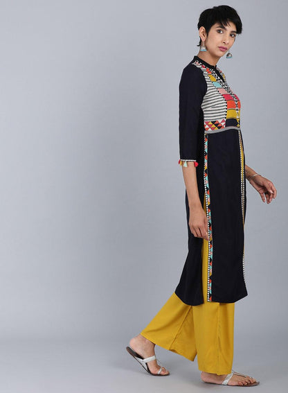 Black Mandarin Neck Solid kurta - wforwoman