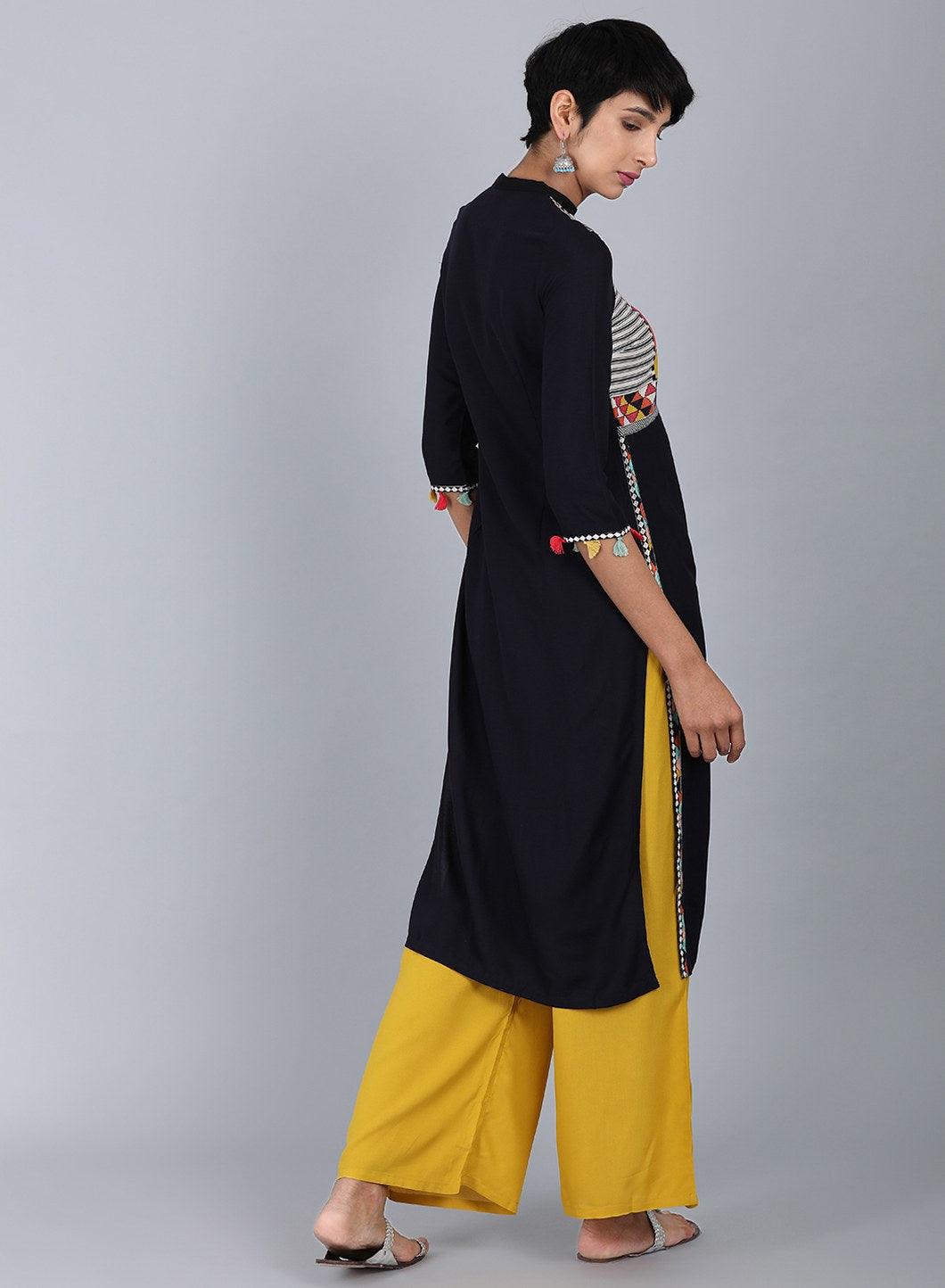 Black Mandarin Neck Solid kurta - wforwoman