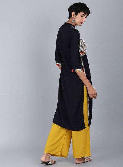 Black Mandarin Neck Solid kurta - wforwoman
