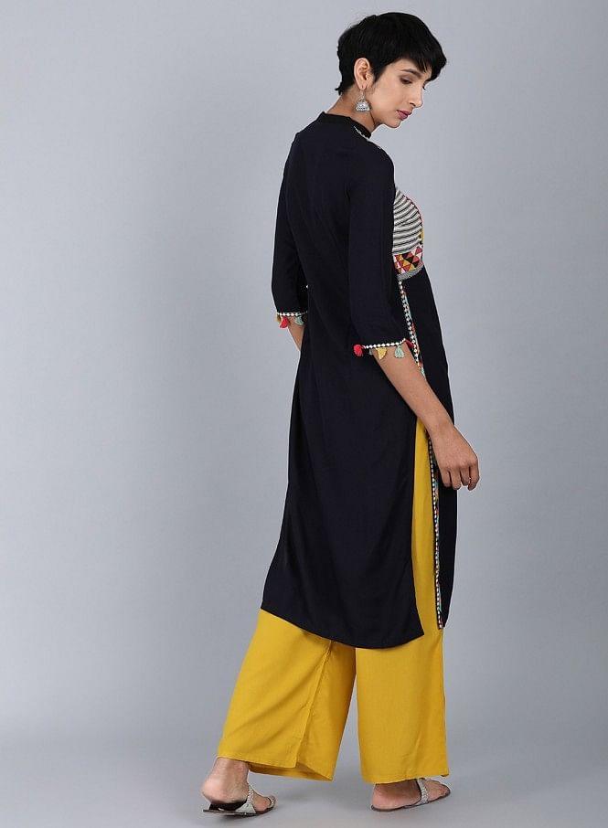 Black Mandarin Neck Solid kurta - wforwoman