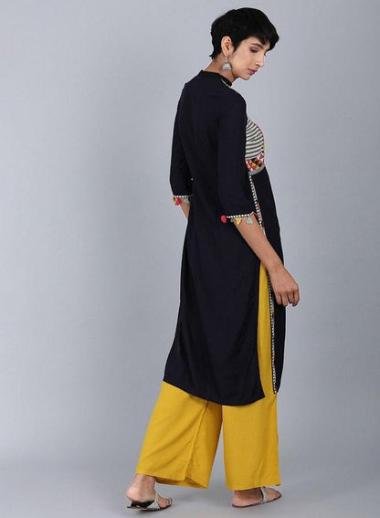 Black Mandarin Neck Solid kurta - wforwoman