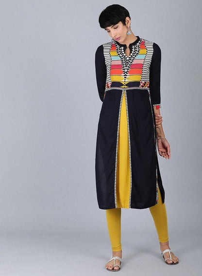 Black Mandarin Neck Solid kurta - wforwoman