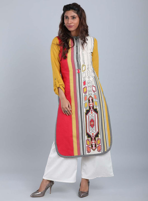 Yellow Mandarin Neck Printed kurta
