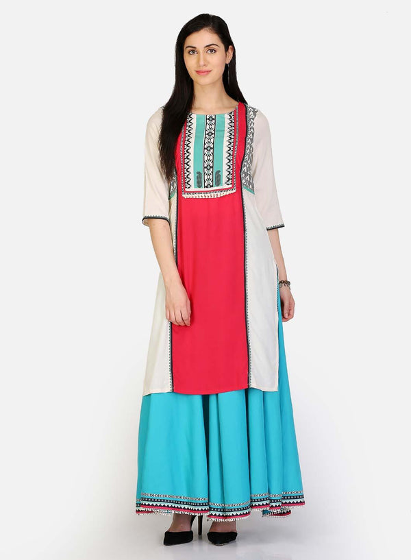 Red & White Round Neck Printed kurta