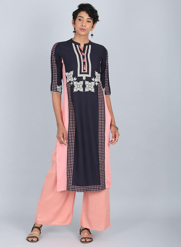Blue & Peach Mandarin Neck kurta