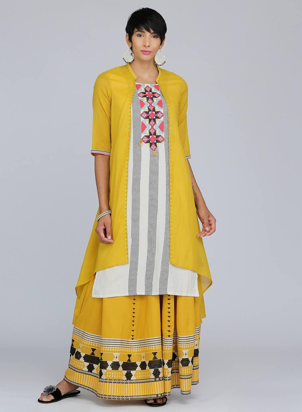 Yellow Mandarin Neck Printed kurta - wforwoman