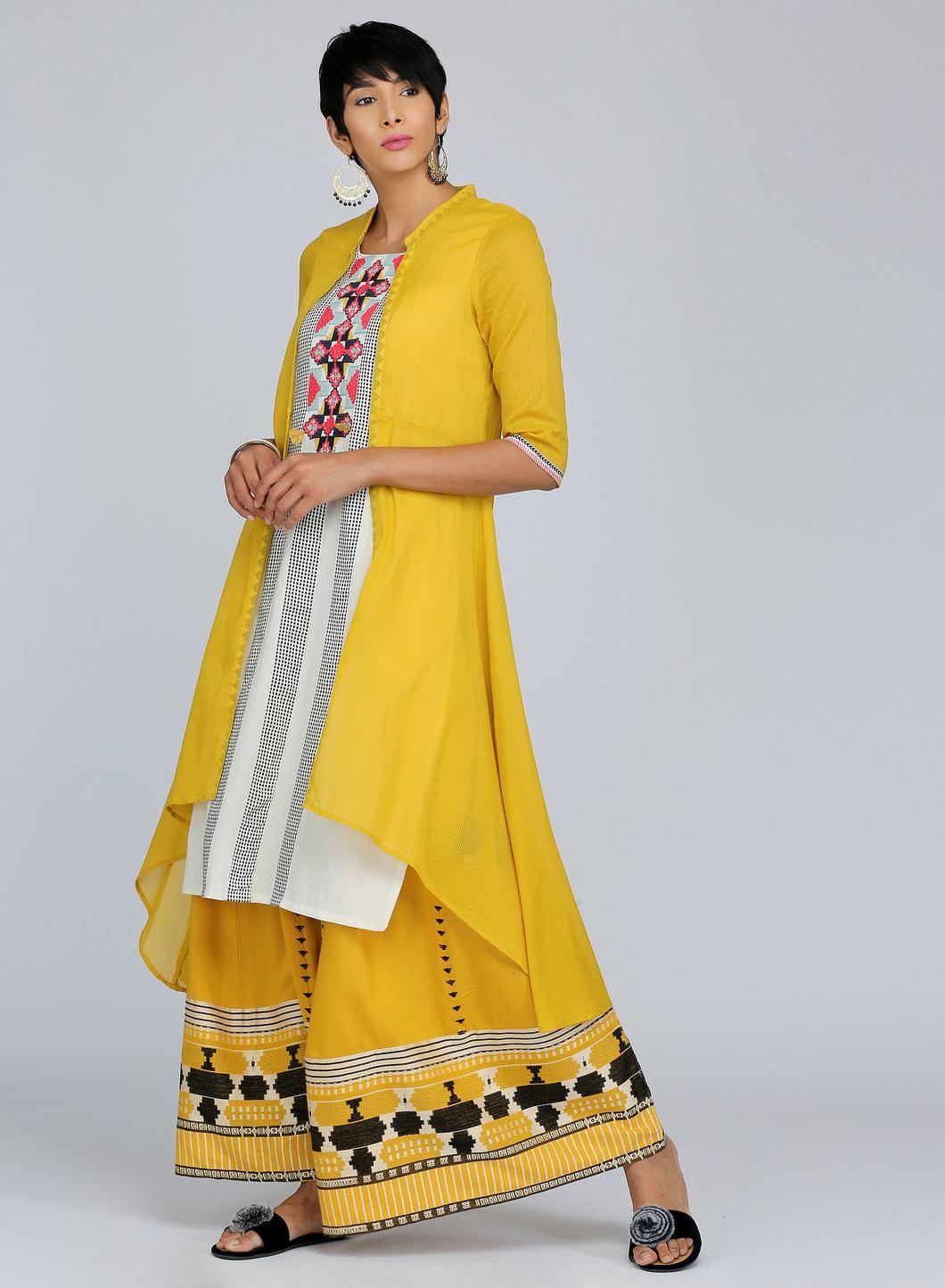 Yellow Mandarin Neck Printed kurta - wforwoman