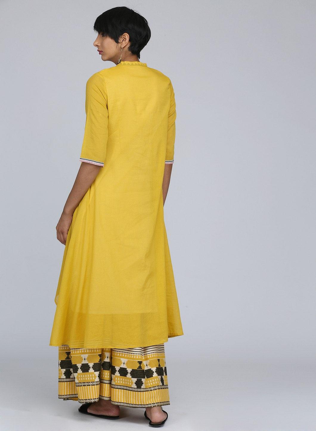 Yellow Mandarin Neck Printed kurta - wforwoman