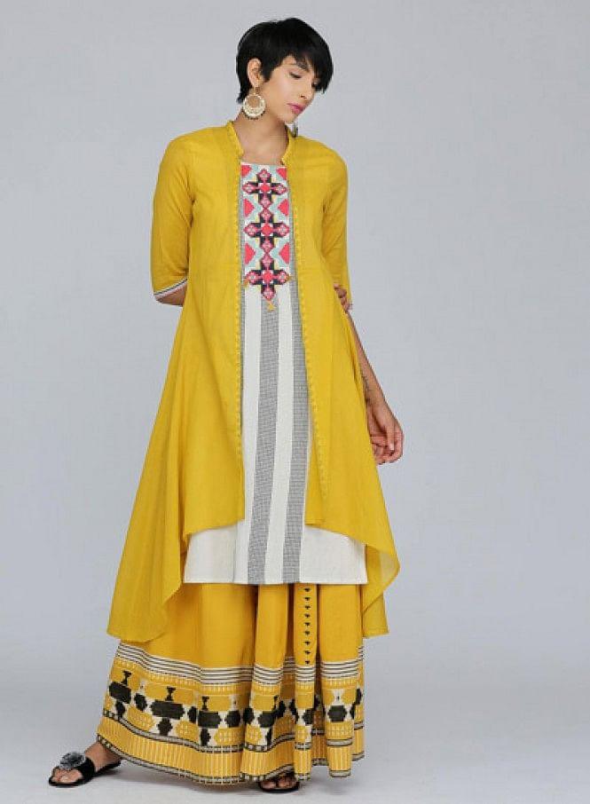 Yellow Mandarin Neck Printed kurta - wforwoman
