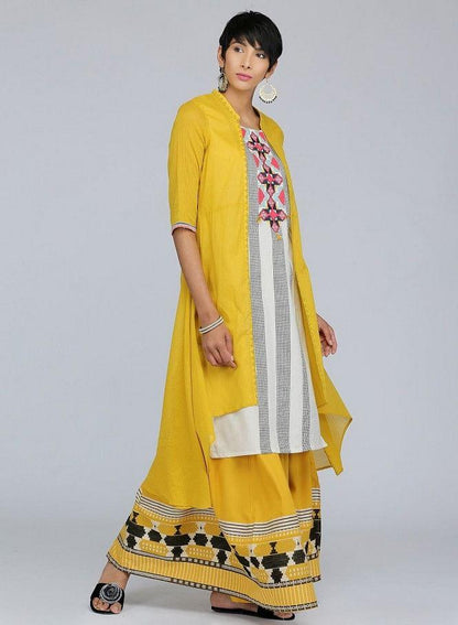 Yellow Mandarin Neck Printed kurta - wforwoman
