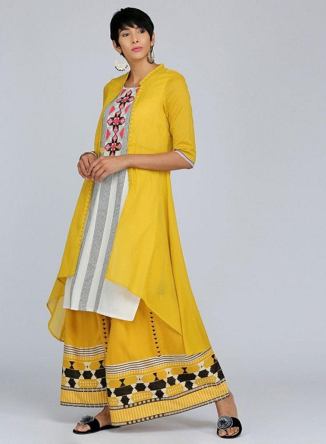 Yellow Mandarin Neck Printed kurta - wforwoman