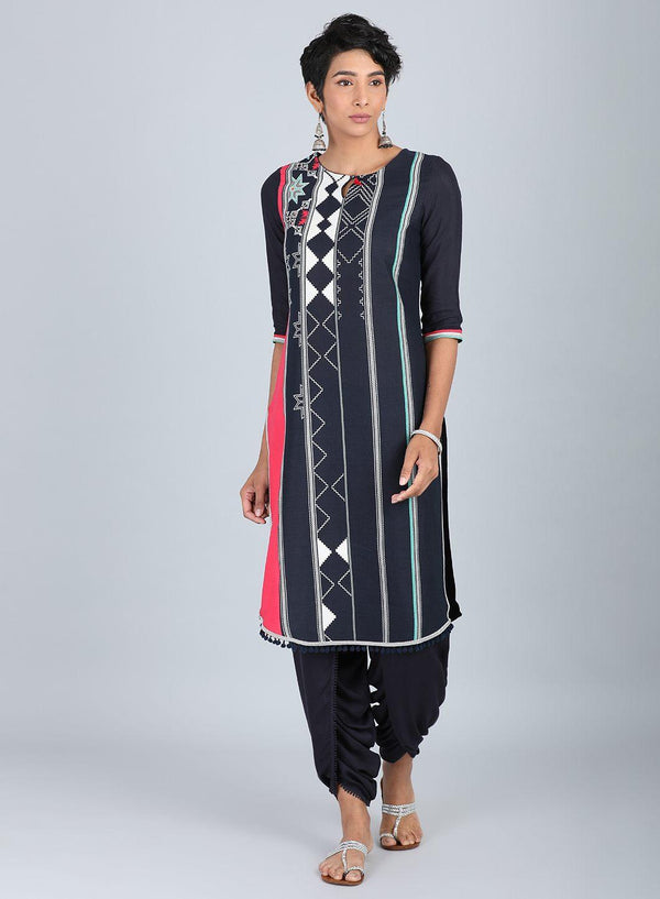 Blue Round Neck Printed kurta