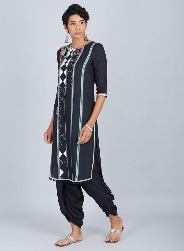 Blue Round Neck Printed kurta