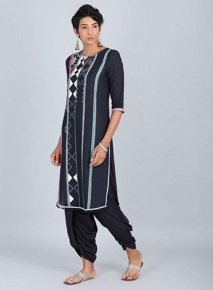 Blue Round Neck Printed kurta - wforwoman