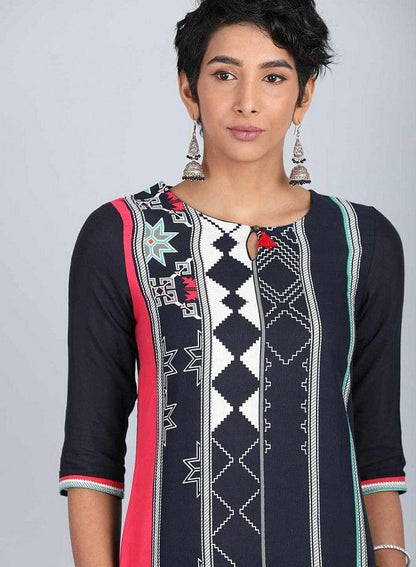 Blue Round Neck Printed kurta - wforwoman
