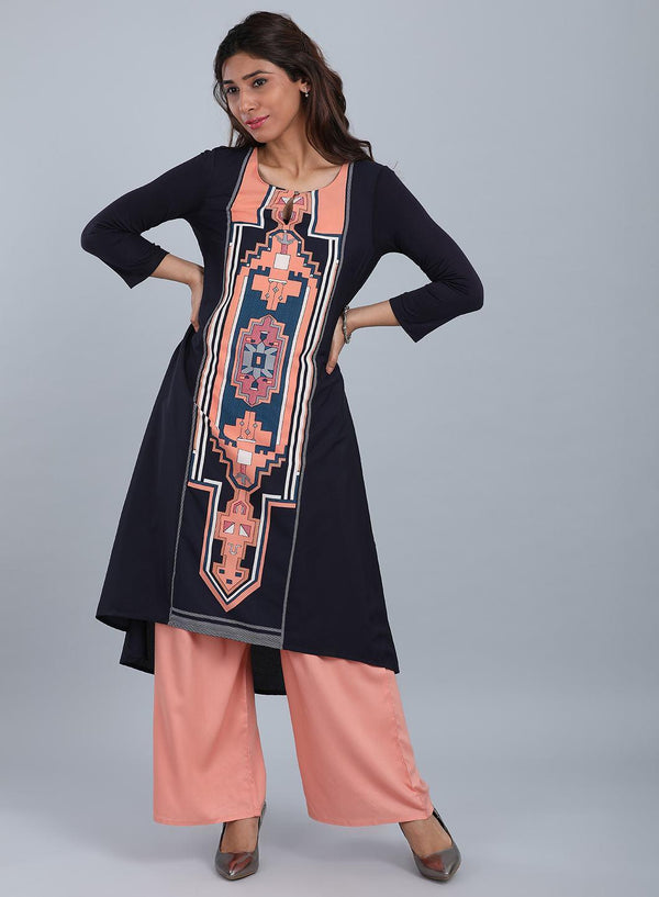Blue & Peach Round Neck Printed kurta