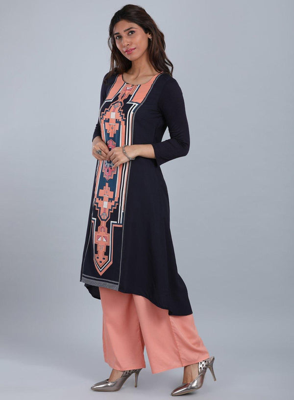 Blue & Peach Round Neck Printed kurta