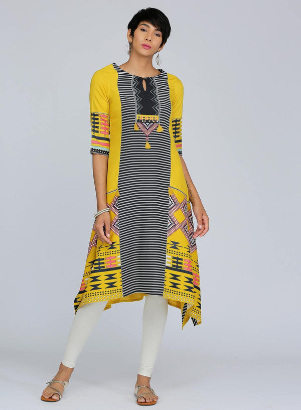 Yellow Round Neck Printed kurta