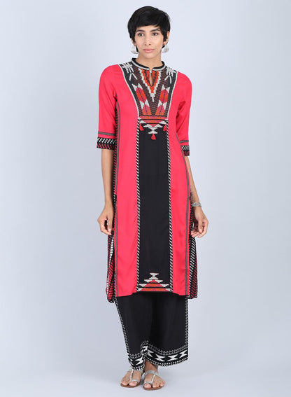 Red Mandarin Neck A-Line kurta - wforwoman