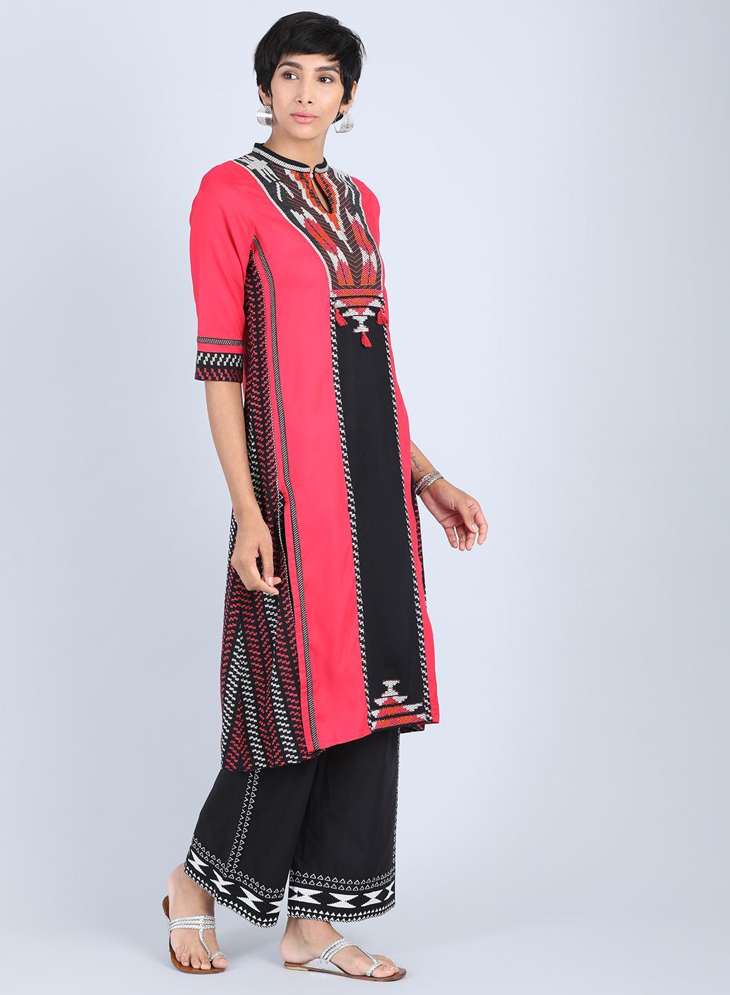 Red Mandarin Neck A-Line kurta - wforwoman