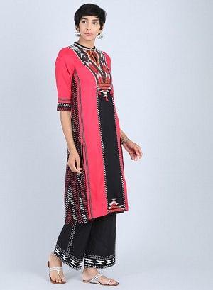 Red Mandarin Neck A-Line kurta - wforwoman