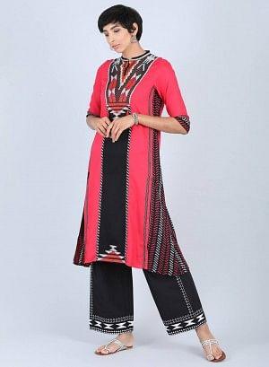 Red Mandarin Neck A-Line kurta - wforwoman