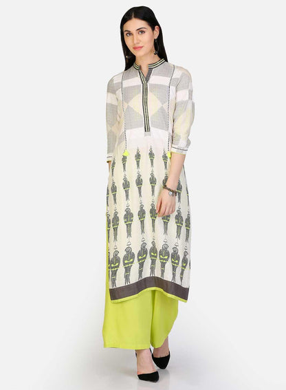 Off-White Mandarin Neck Parrot Print kurta - wforwoman