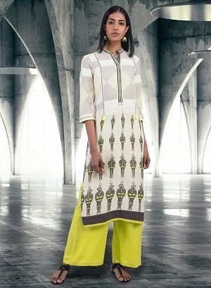 Off-White Mandarin Neck Parrot Print kurta - wforwoman
