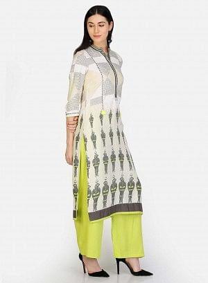 Off-White Mandarin Neck Parrot Print kurta - wforwoman