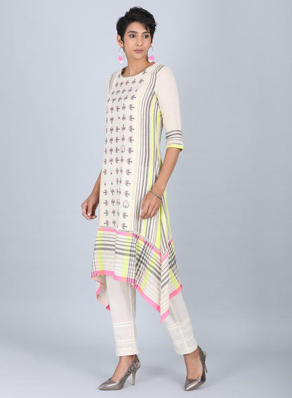 Grey Round Neck Printed kurta - wforwoman