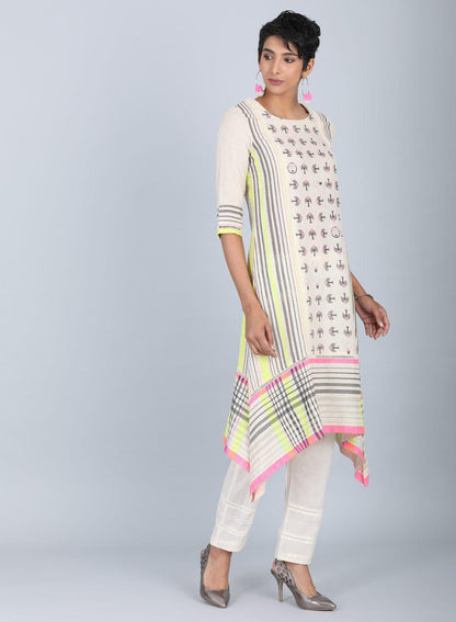 Grey Round Neck Printed kurta - wforwoman