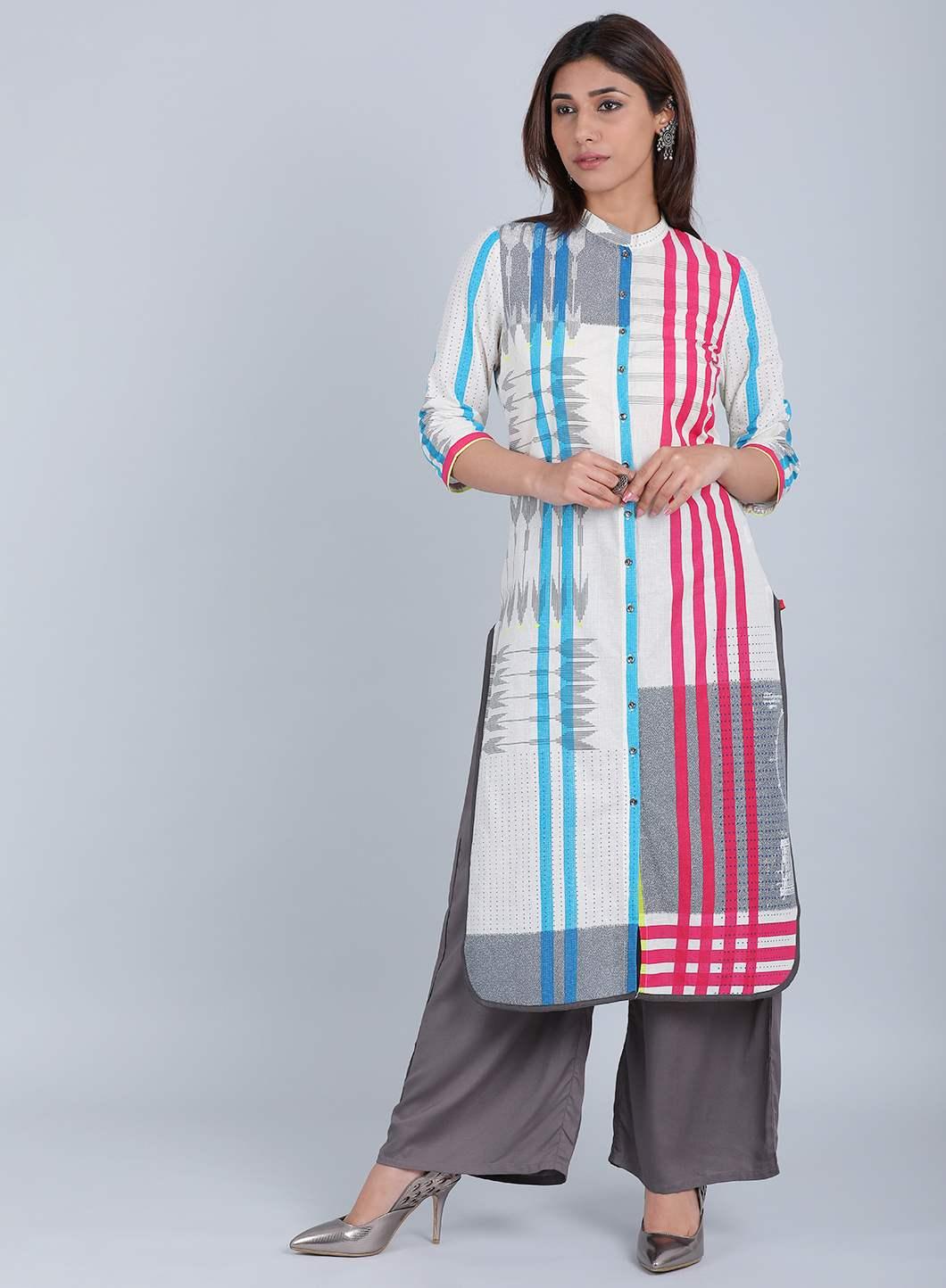 White &amp; Blue Striped Mandarin Neck kurta - wforwoman