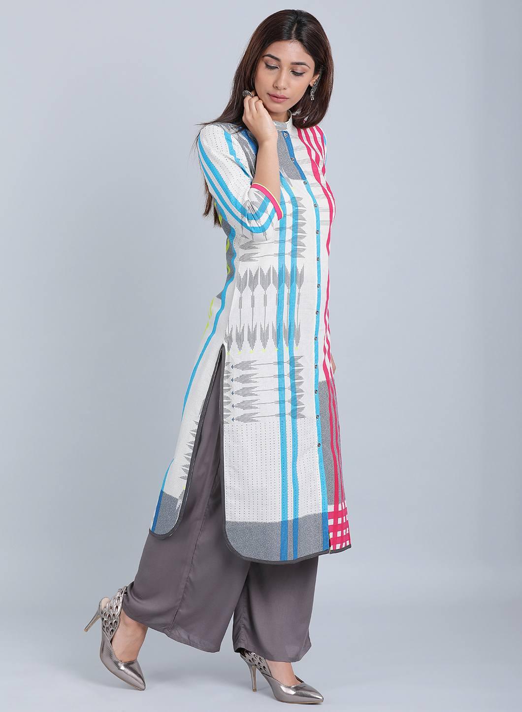 White &amp; Blue Striped Mandarin Neck kurta - wforwoman