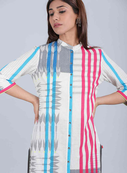 White &amp; Blue Striped Mandarin Neck kurta - wforwoman