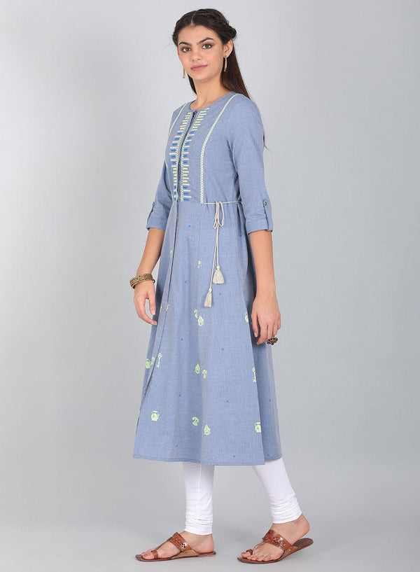 Blue Embroidered Round Neck kurta