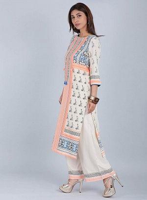 Off-White &amp; Orange Printed kurta - wforwoman