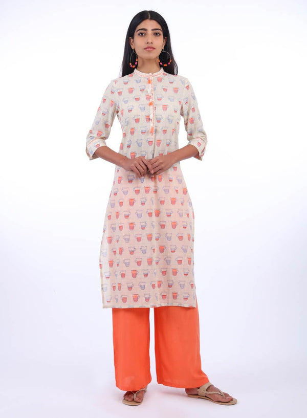 Grey & Orange Mandarin Neck kurta