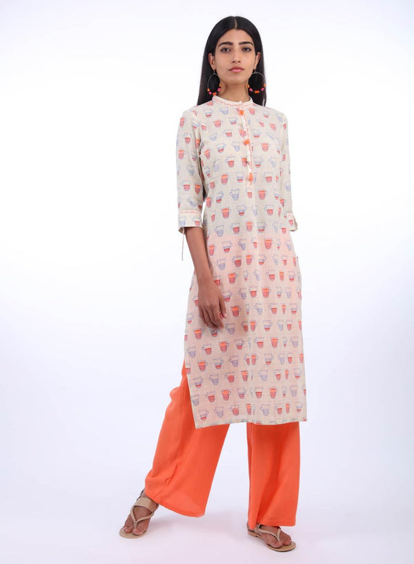 Grey & Orange Mandarin Neck kurta