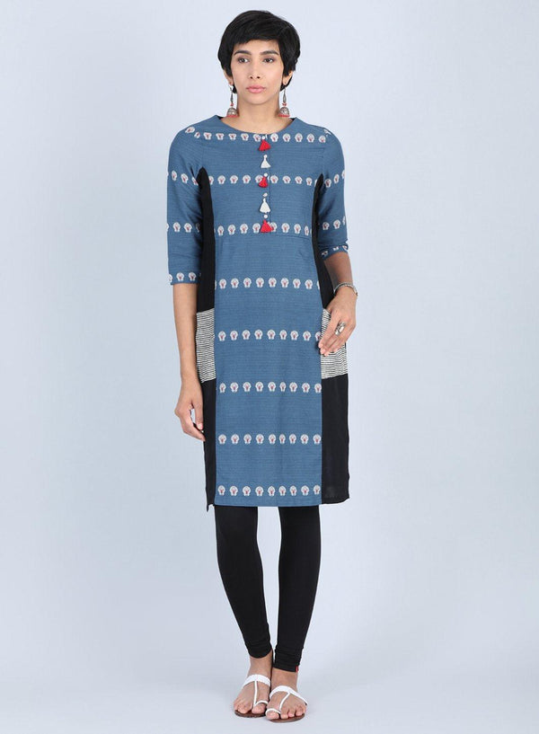 Blue Round Neck Printed kurta