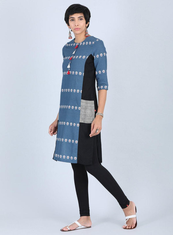 Blue Round Neck Printed kurta