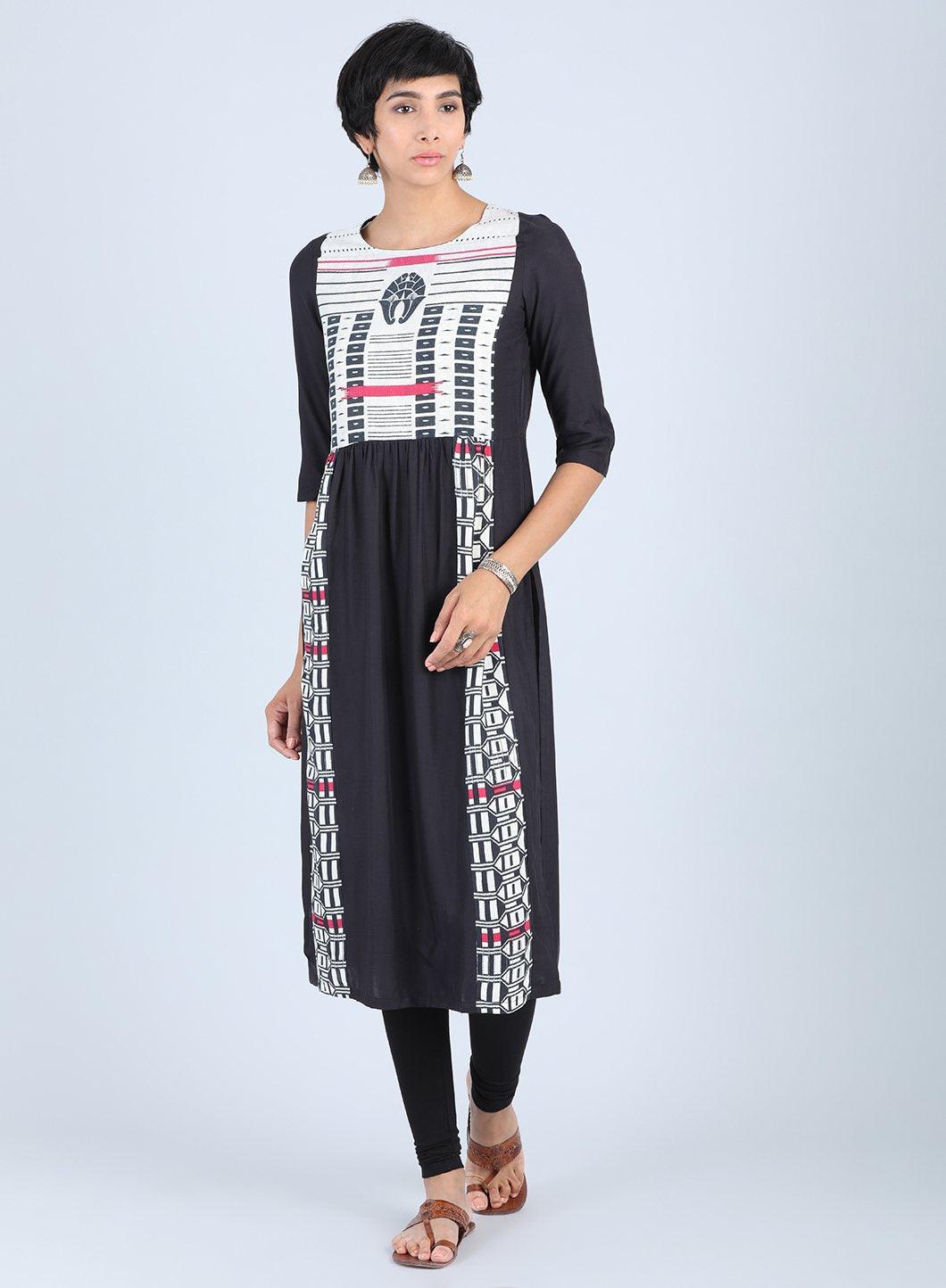 Black Round Neck Gathered kurta - wforwoman