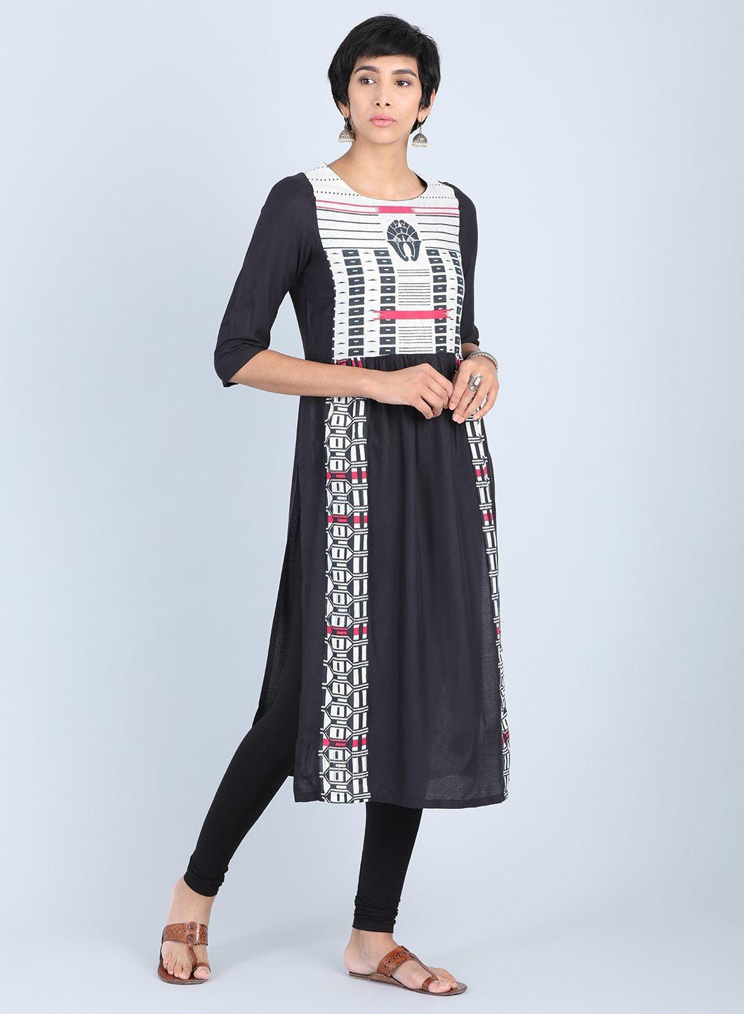 Black Round Neck Gathered kurta - wforwoman