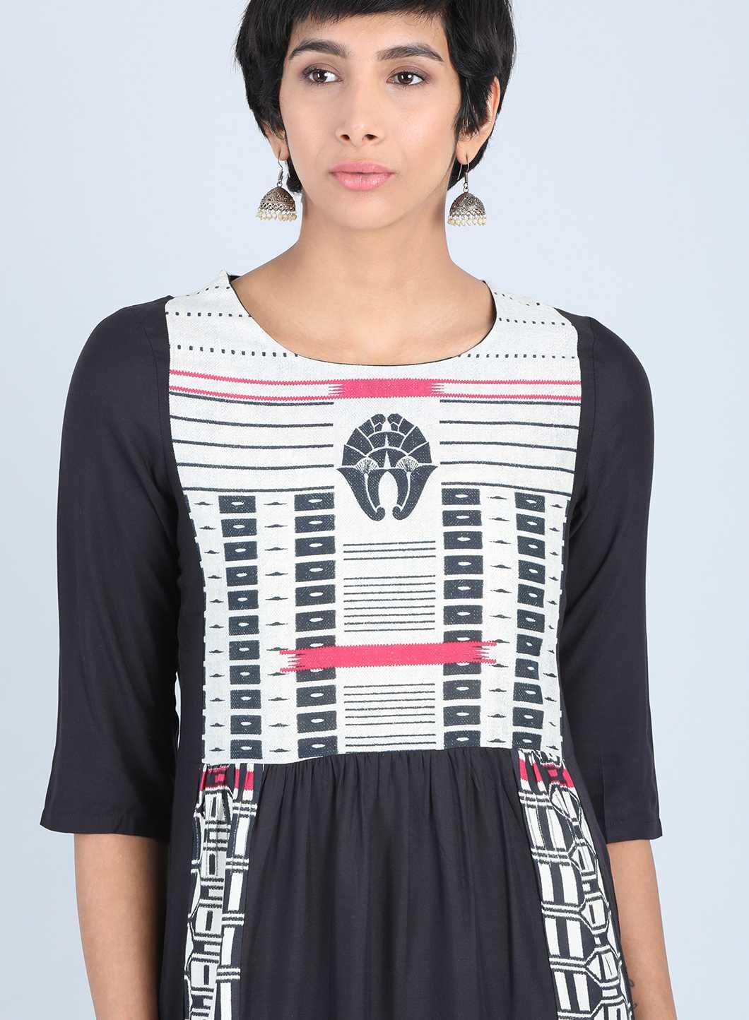 Black Round Neck Gathered kurta - wforwoman