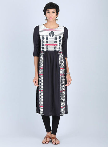 Black Round Neck Gathered kurta - wforwoman